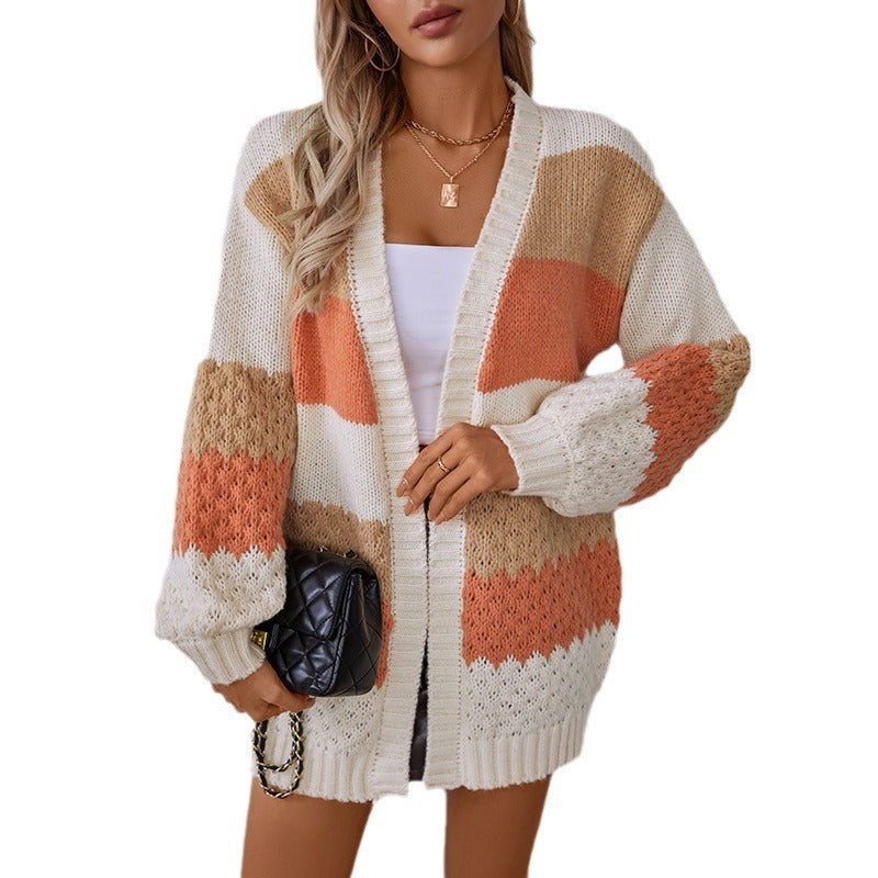 Women's European and American Style Drizzling Contrast Color Striped Sweater Cardigan