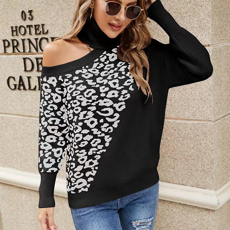 Leopard Print Studded Shoulder-Baring Sweater – Women's Long-Sleeved Autumn & Winter Style