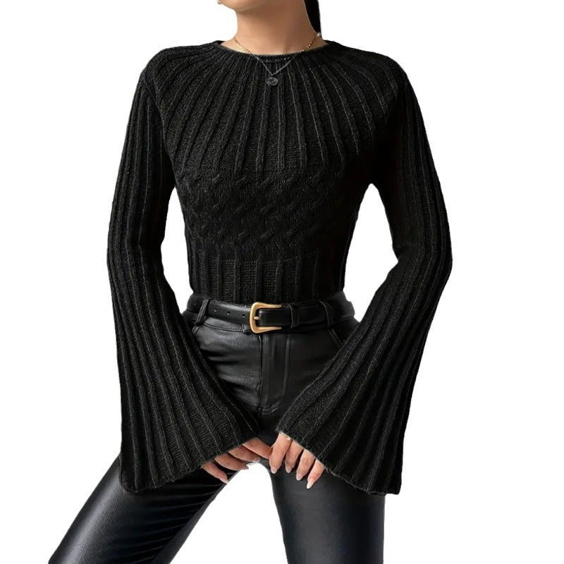 Women's Fashion Pullover Sweater with Round Neck and Flared Sleeves