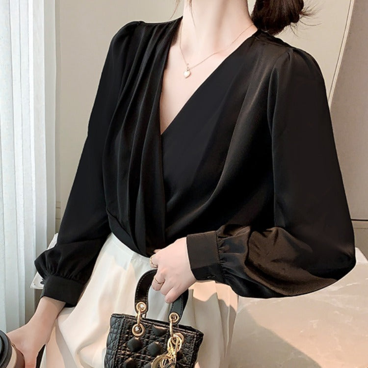 Women's V-Neck Satin Long-Sleeve Professional Blouse – Elegant Bottoming Shirt