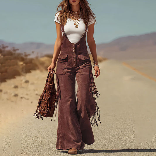 Women's Solid Color Fringe Wide-Leg Jumpsuit, Style Overalls With Pockets And Adjustable Straps And Button