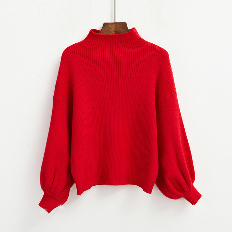 Half Turtleneck Lantern Sleeve Sweater – Loose Fit with Slimming Base Knitwear Design