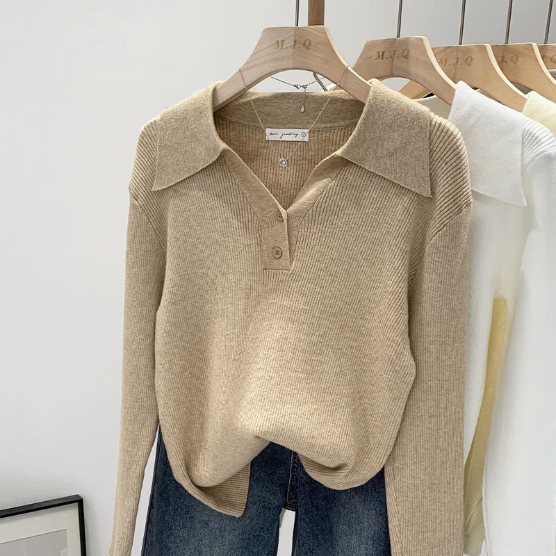 Short Polo Collar Sweater with Button Detail – Long Sleeve Base Layer Top