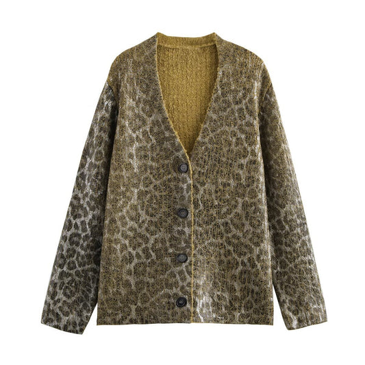 Women's Animal Pattern Knitted Sweater Coat with Metal Bronzing Detail