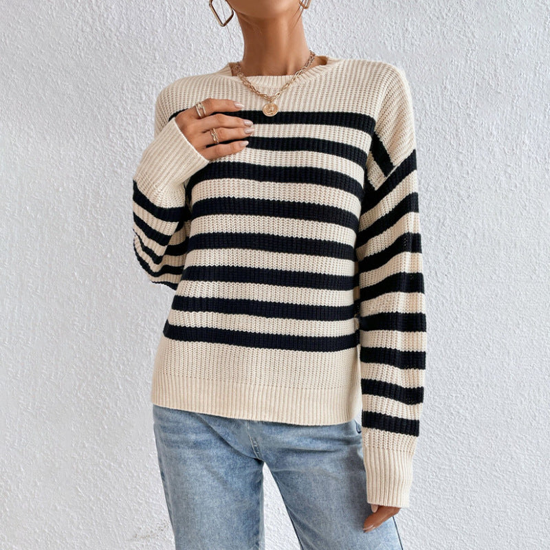 Women's Classic Striped Knit Top with Inner Layer Design