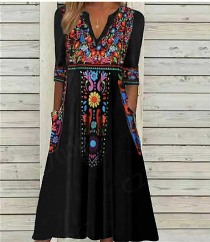 Women's Bohemian Printed Dress with 3/4 Sleeves and Pockets