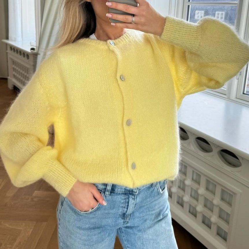 Loose-Fit Yellow Crew Neck Knitted Sweater Top