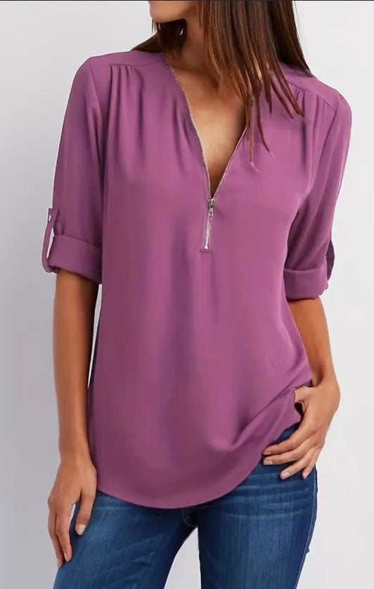 Ruched Half-Zip Solid V-Neck Casual Blouse with Rollable Sleeves for Women