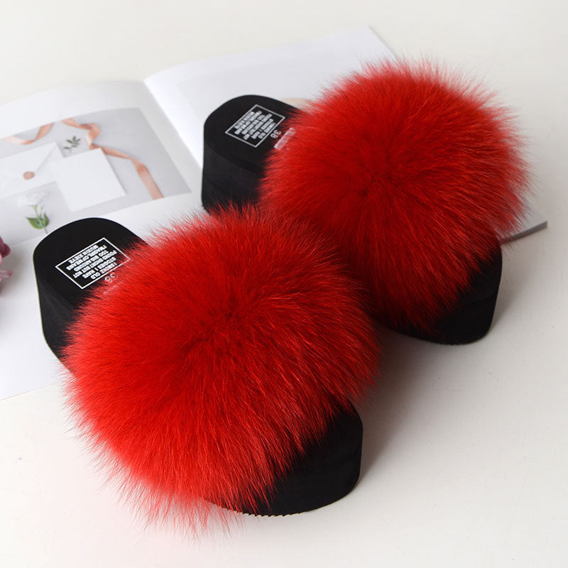 New Fox Fur Women Sandals Height Increasing Casual