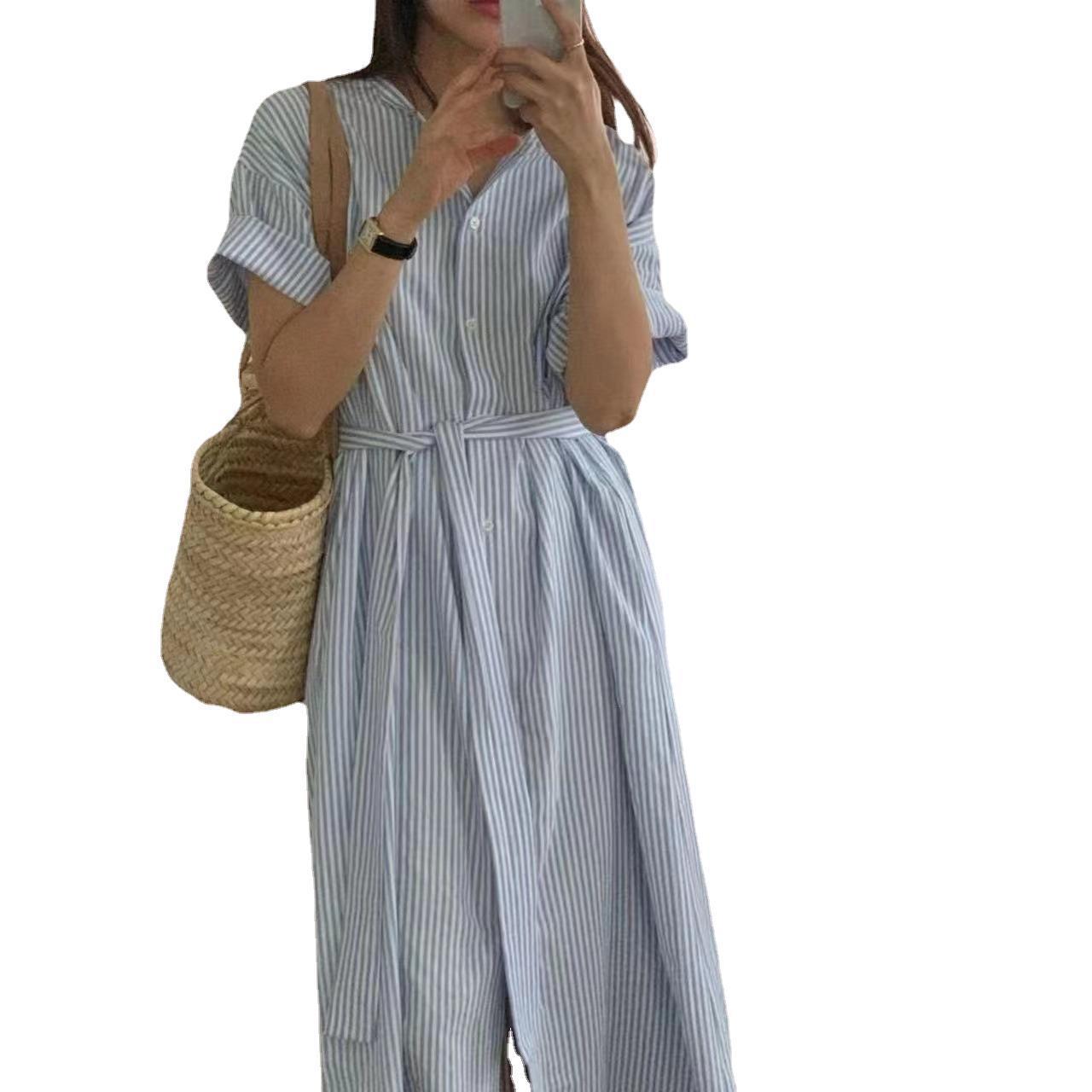 Simple Round Neck Single-Breasted Lace-Up Striped Shirt Dress with Fitted Waist