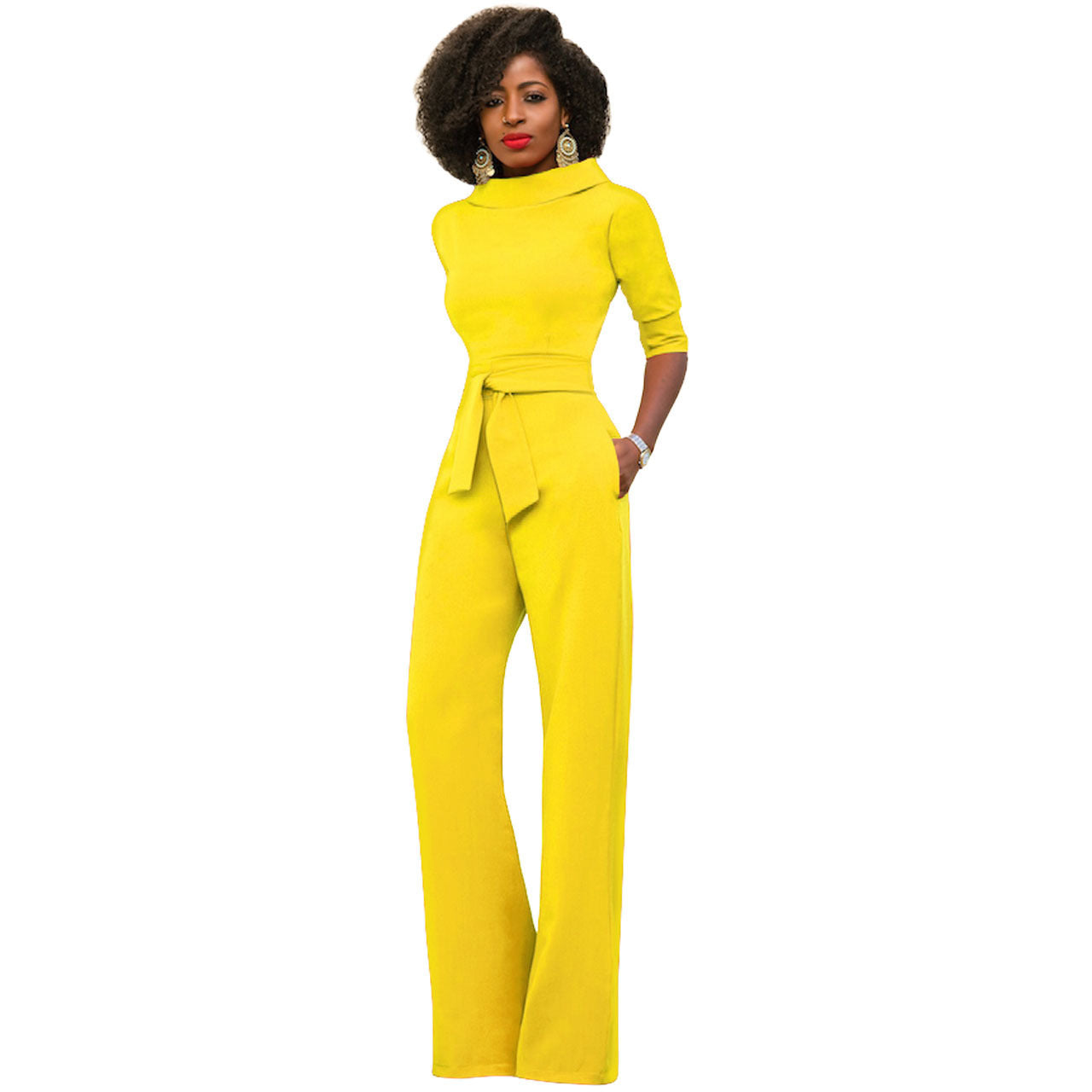 Women's Solid Color Five-Quarter Sleeve High-Waist Wide-Leg Jumpsuit