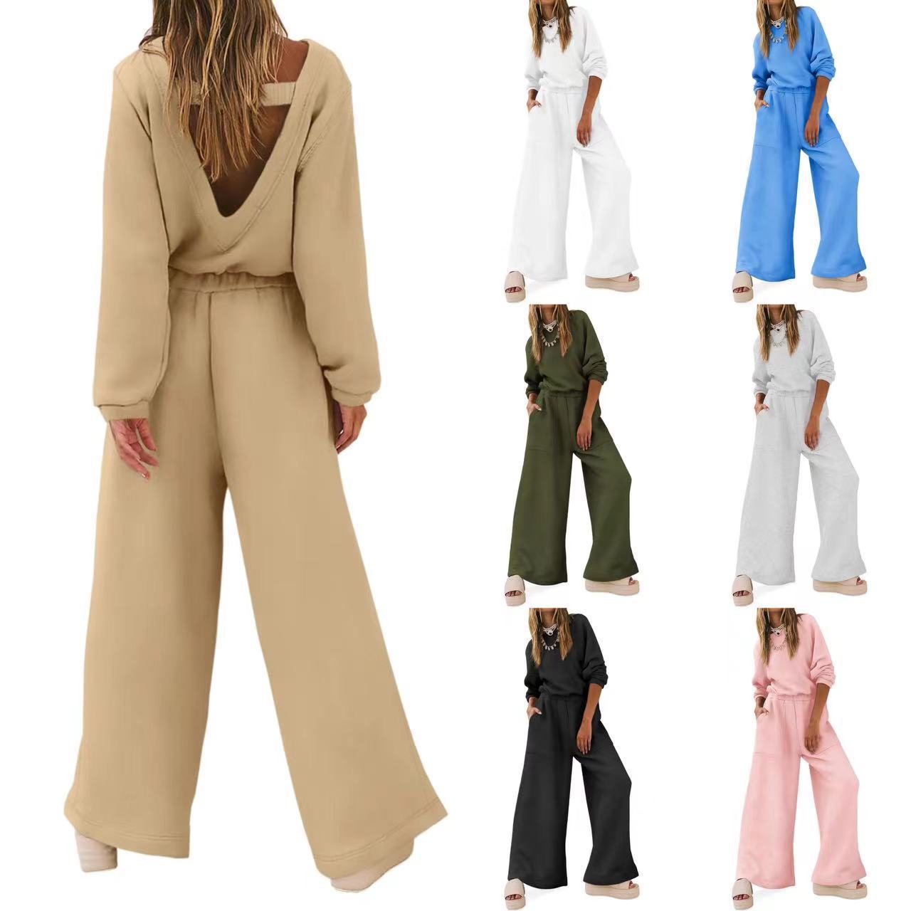 Leisure Long Sleeve Solid Color Backless Sweater Jumpsuit for Women