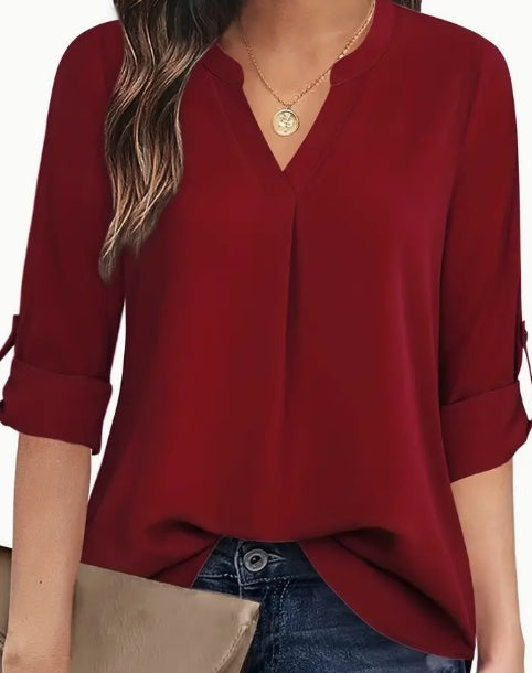 Chic Solid V-Neck Blouse for Women – Fashionable and Relaxed Long Sleeve Casual Style