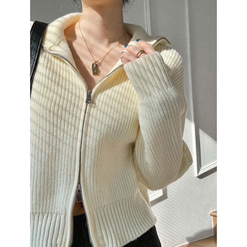 Women's Short Preppy Style Stand Collar Zipper Sweater - Thin Spring & Autumn Cardigan