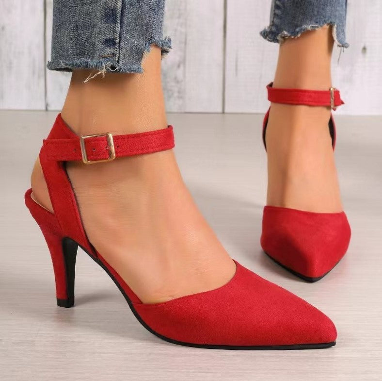 Fashionable Pointed-Toe High Heel Shoes with Square Buckle Detail