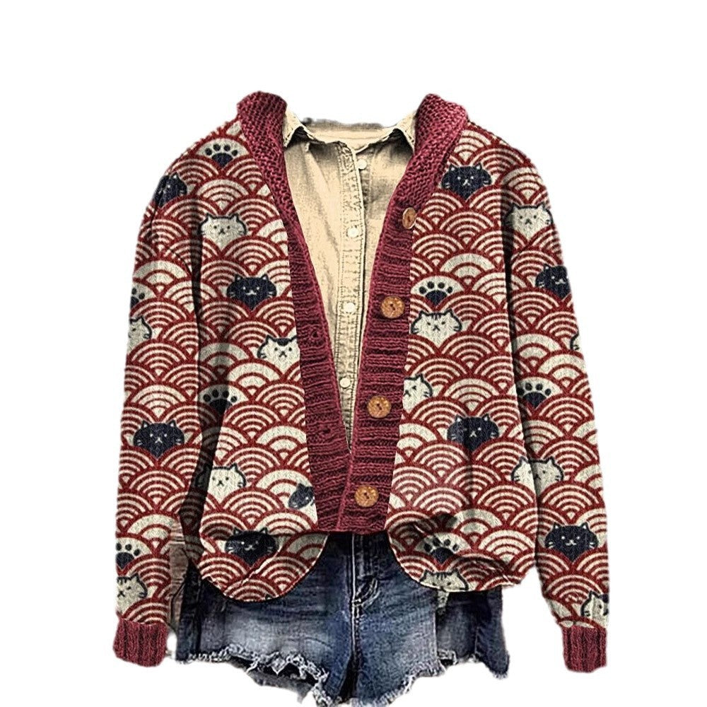 Women's 3D Digital Printing Cardigan – Knitted Coat with Imitation Sweater Design