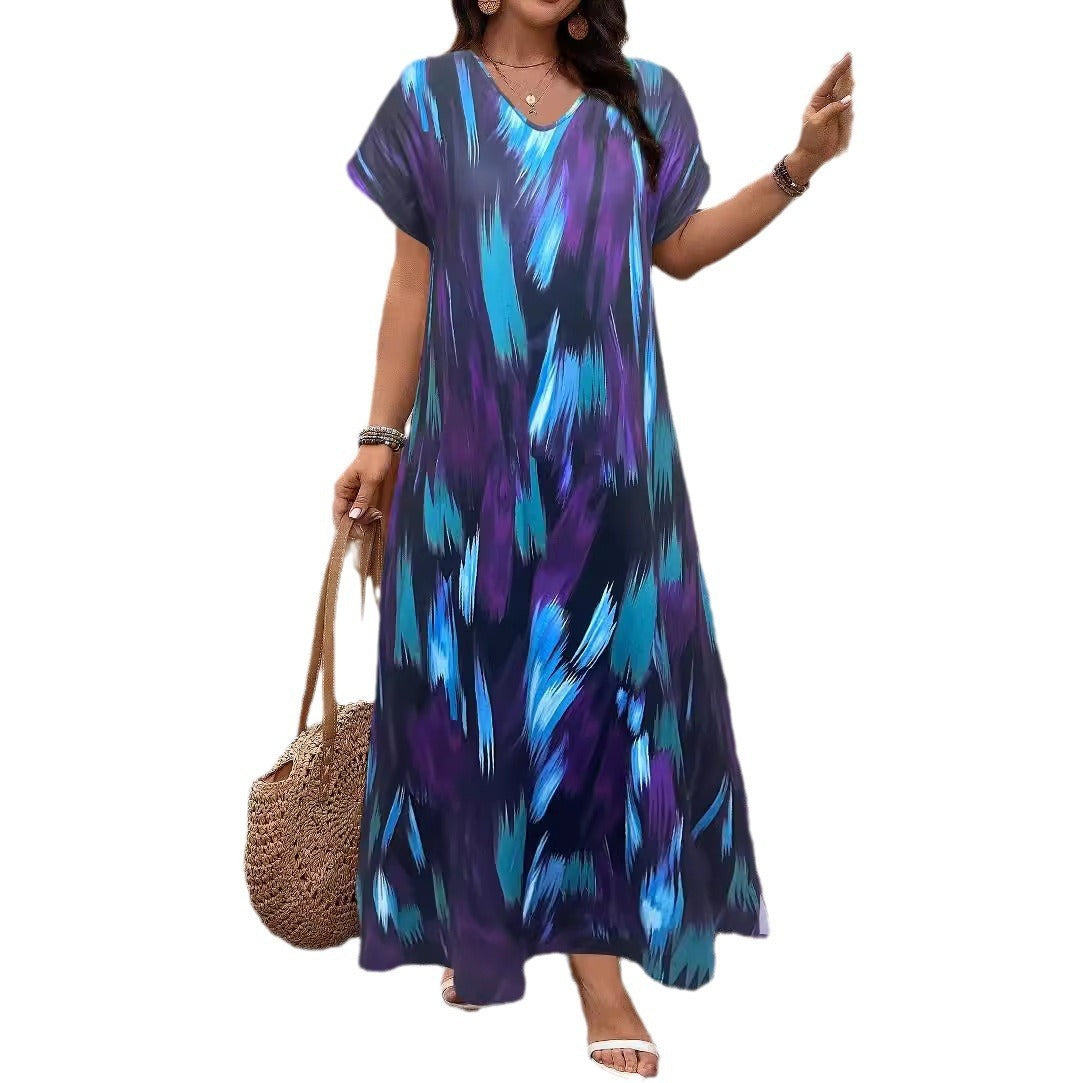 Plus Size Women's Dress with Printed Slit Hemline at the Bottom