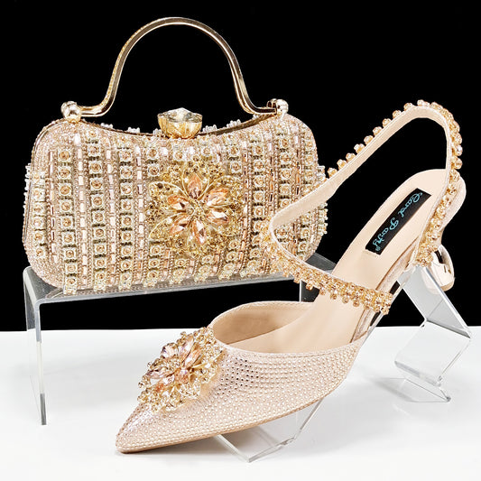 Women's Shoes and Bags Set with Rhinestone Buckle, Flower Decoration, Ankle Chain, and Hard Clutch