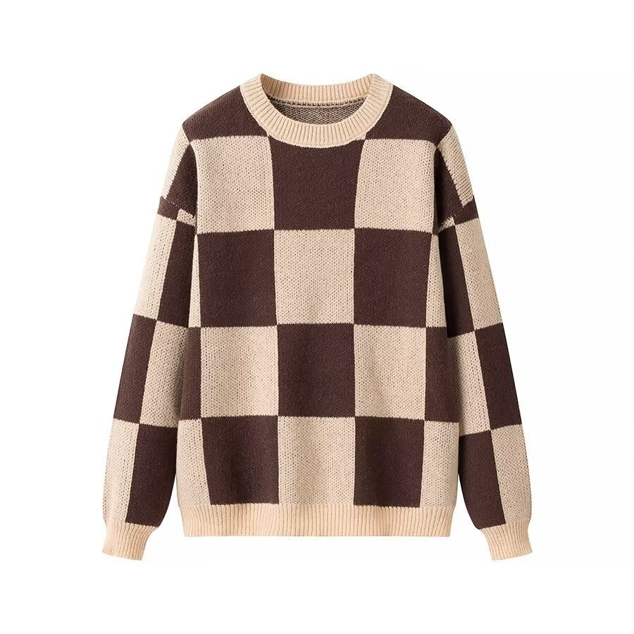 Women's Checkerboard Round Neck Loose Sweater Top