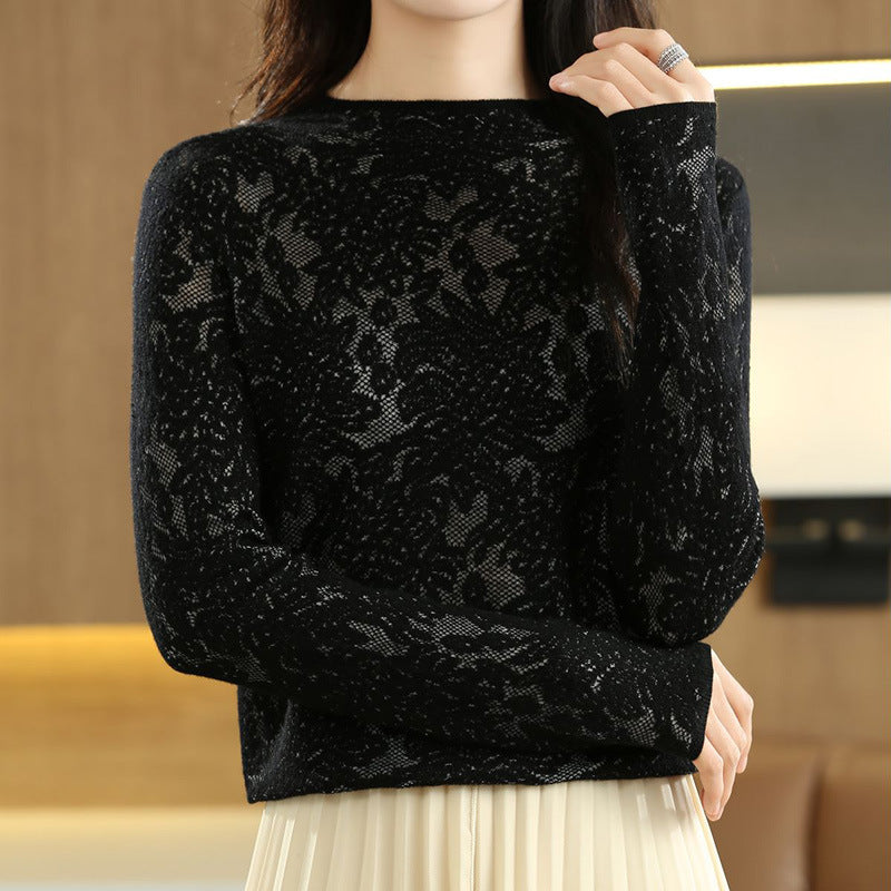 Women's Fashionable Half Turtleneck Hollow-Out Sweater, Loose-Fit Pullover Knit