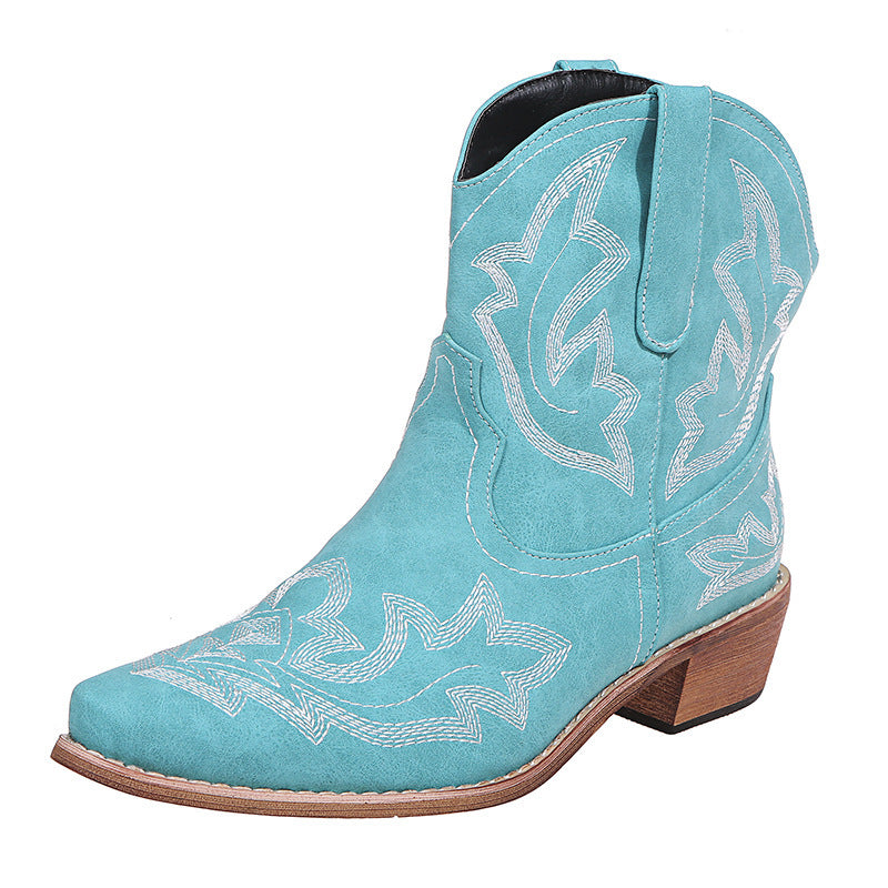 Pointed Embroidered Chunky Heel Leather Boots for Women