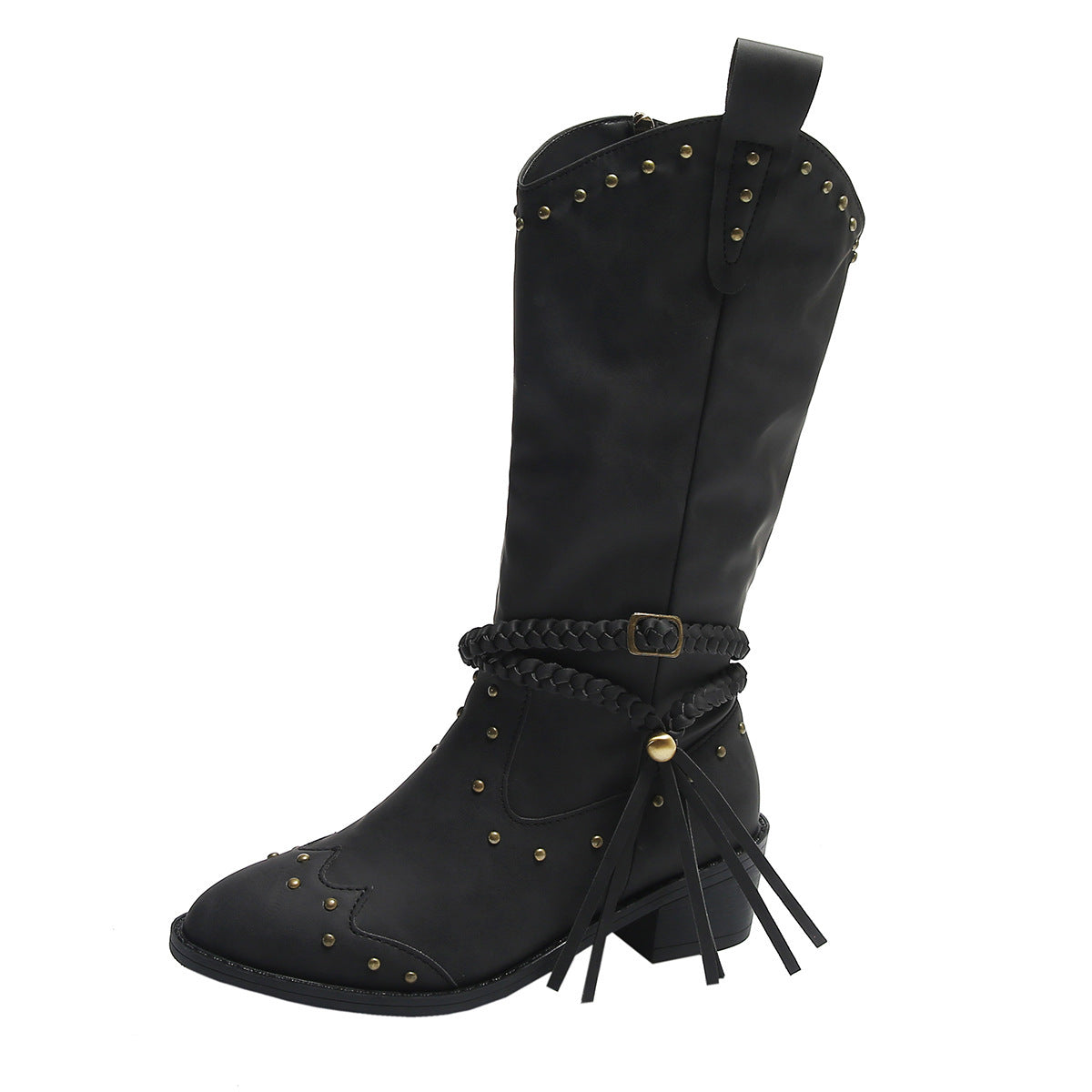 Women's Pointed-Toe Rivet Boots with Thick Mid-Heels and Tassel Accent