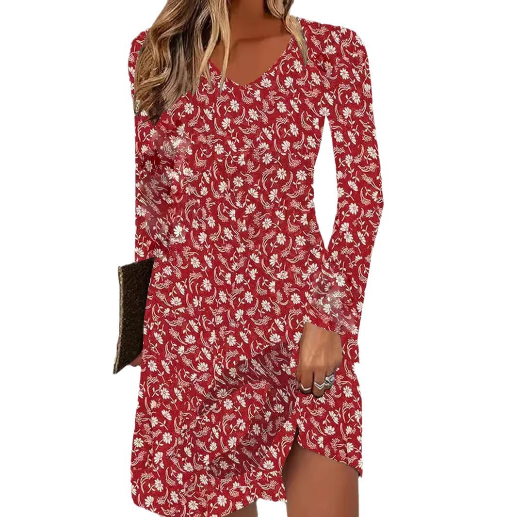 European and American Long-Sleeve Dress with Digital Print Design