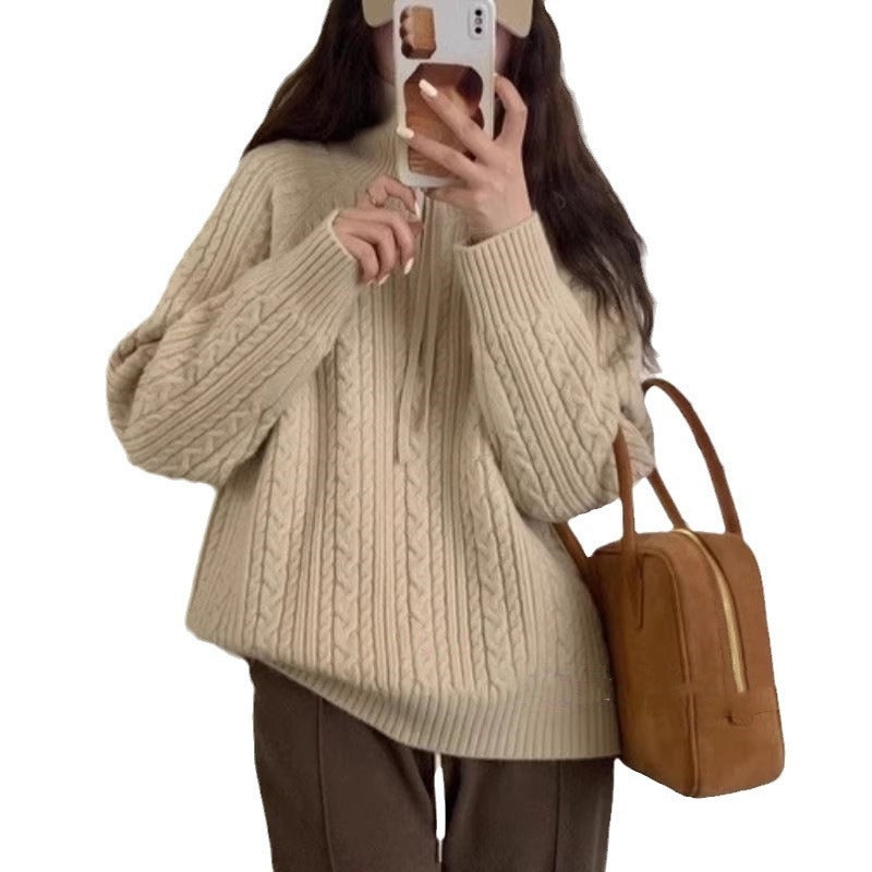 Women's Lapel Half-Zipper Cable-Knit Pullover Sweater