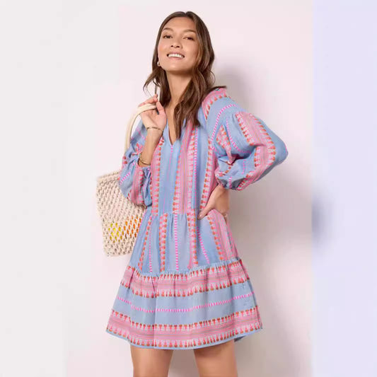 Summer New Casual 34 Sleeve V-neck Striped Printed A- Line Skirt Dress