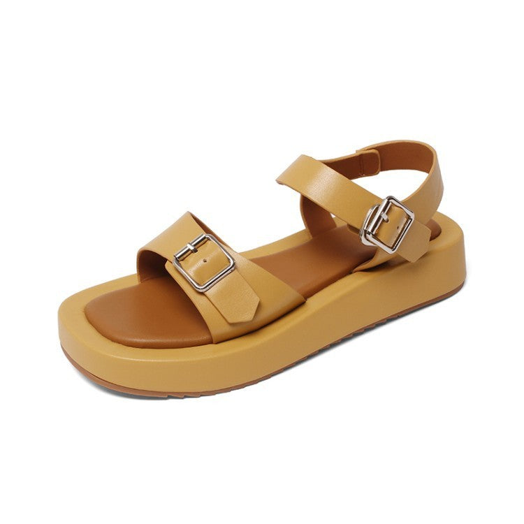 Flat Platform Sandals with Open Toe and Belt Buckle