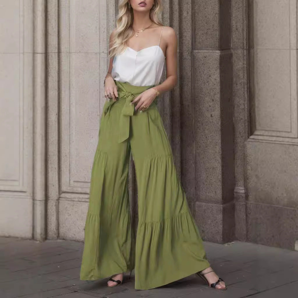 Women's Fashion Tie Elastic Waist Pleated Wide-leg Pants