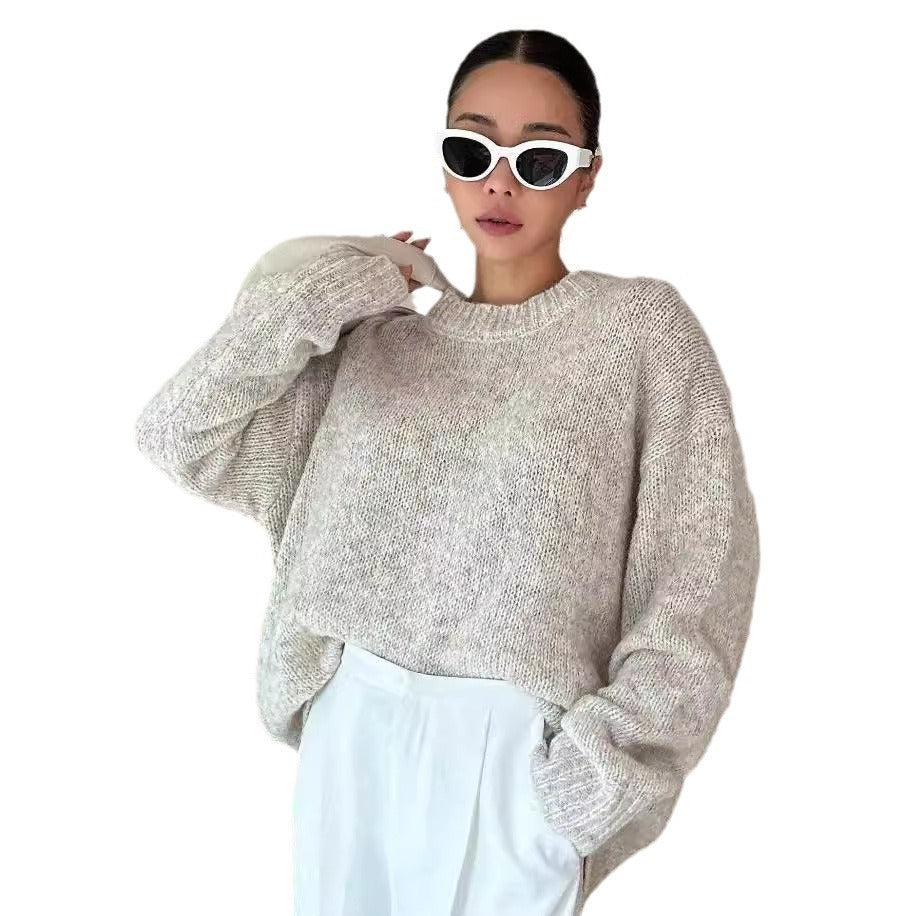 Women's Round Neck Long Sleeve Sweater with Drop-Shoulder Sleeves