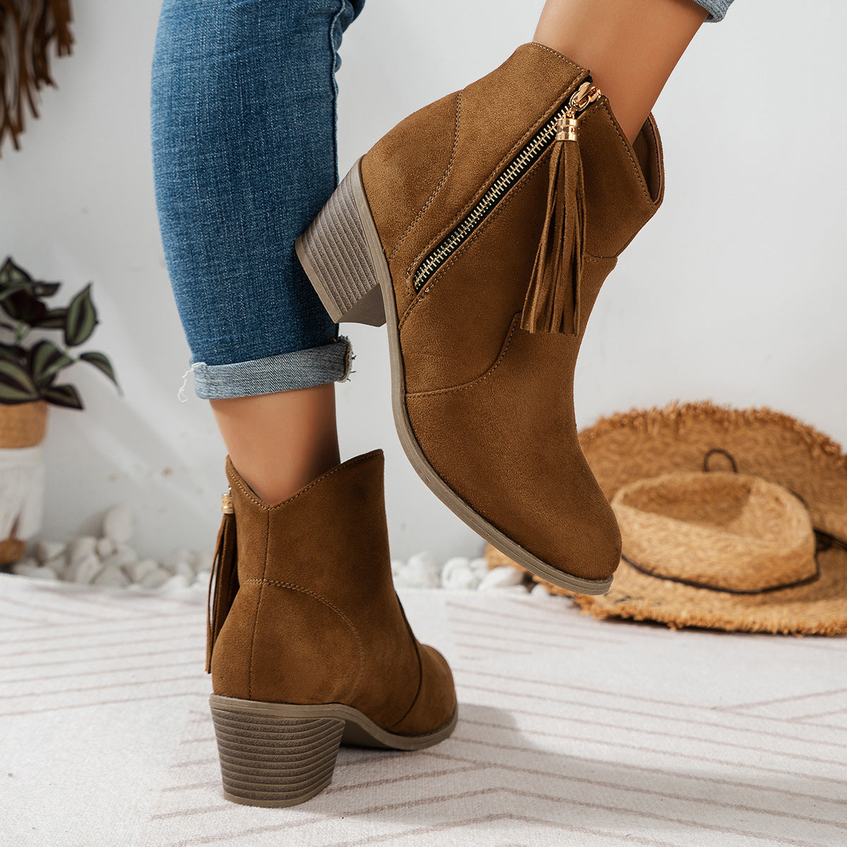 Women's Low-Top Boots with Metal Zip and Tassel Detail