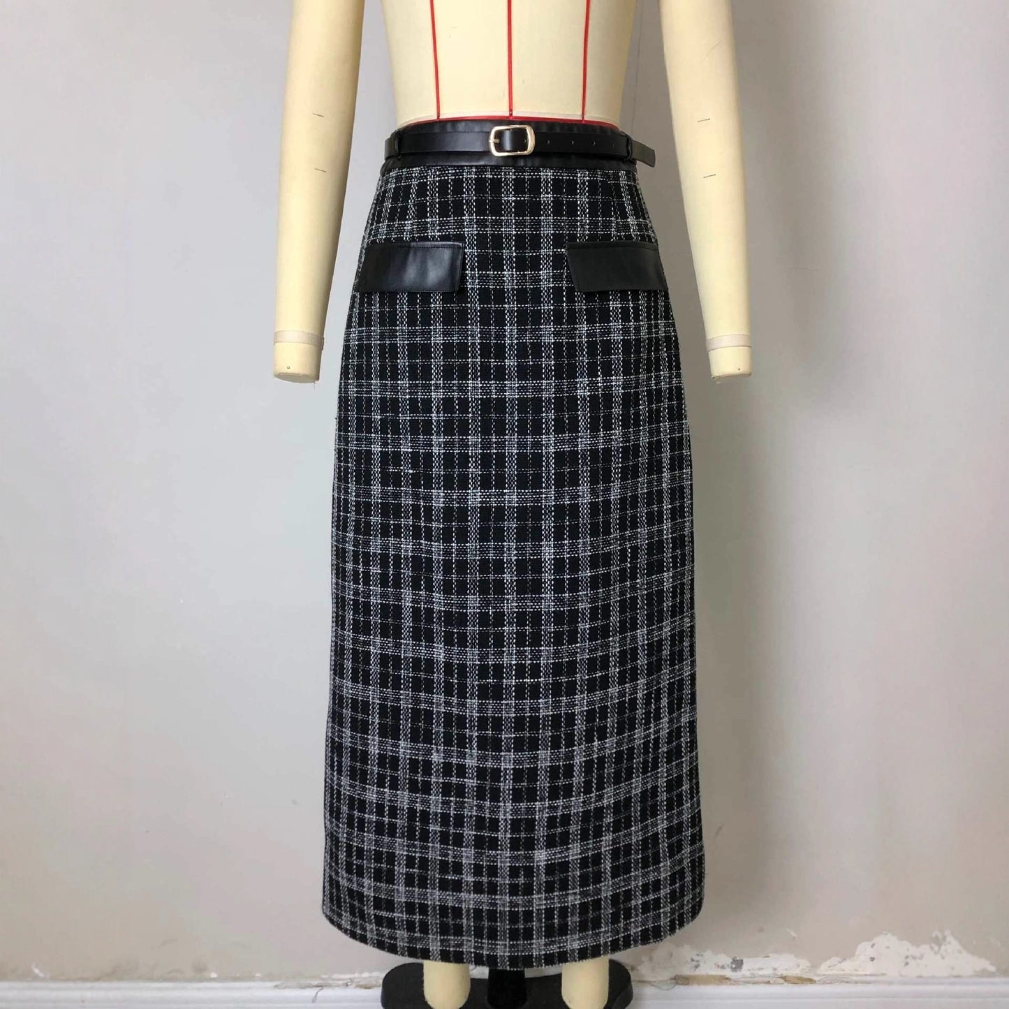 New High-waist Fashionable Retro Plaid Patchwork Knitted Skirt