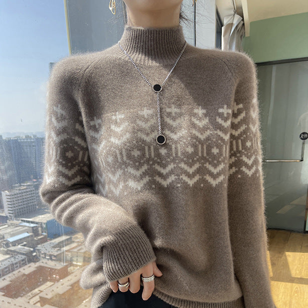 New Autumn & Winter Half-Turtleneck Jacquard Knitted Loose Top – Thickened Style