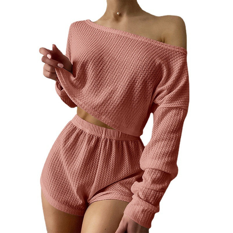 Off-Shoulder Waffle Pajama Set – Breathable Top and Shorts for Casual Homewear