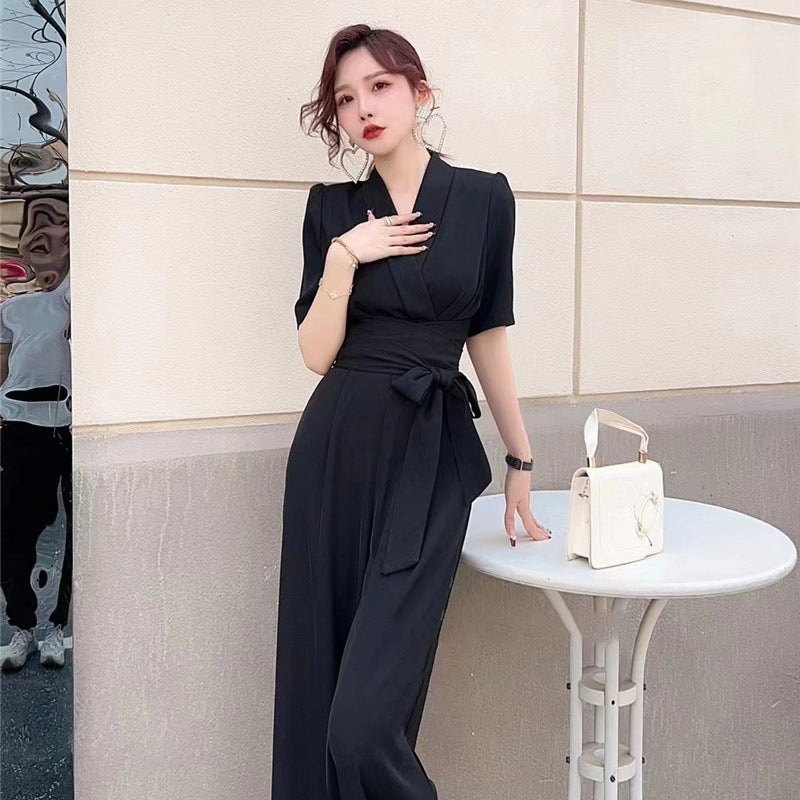 Elegant High-Waist Lace-Up Wide-Leg Jumpsuit, Slimming and Chic in Solid Color