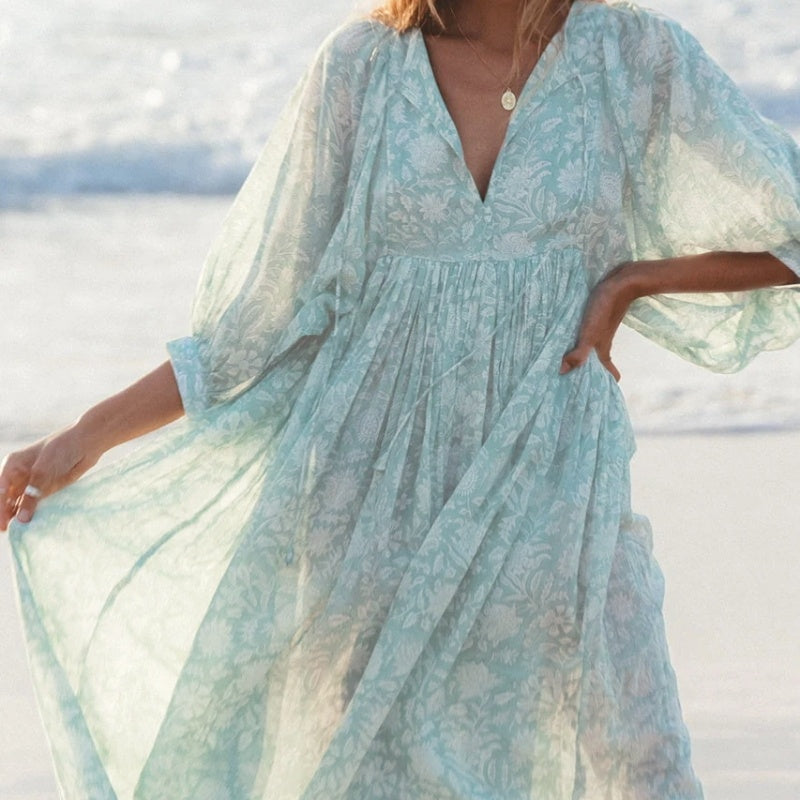 Loose V-Neck A-Line Dress with Five-Point Lantern Sleeves and Floral Print