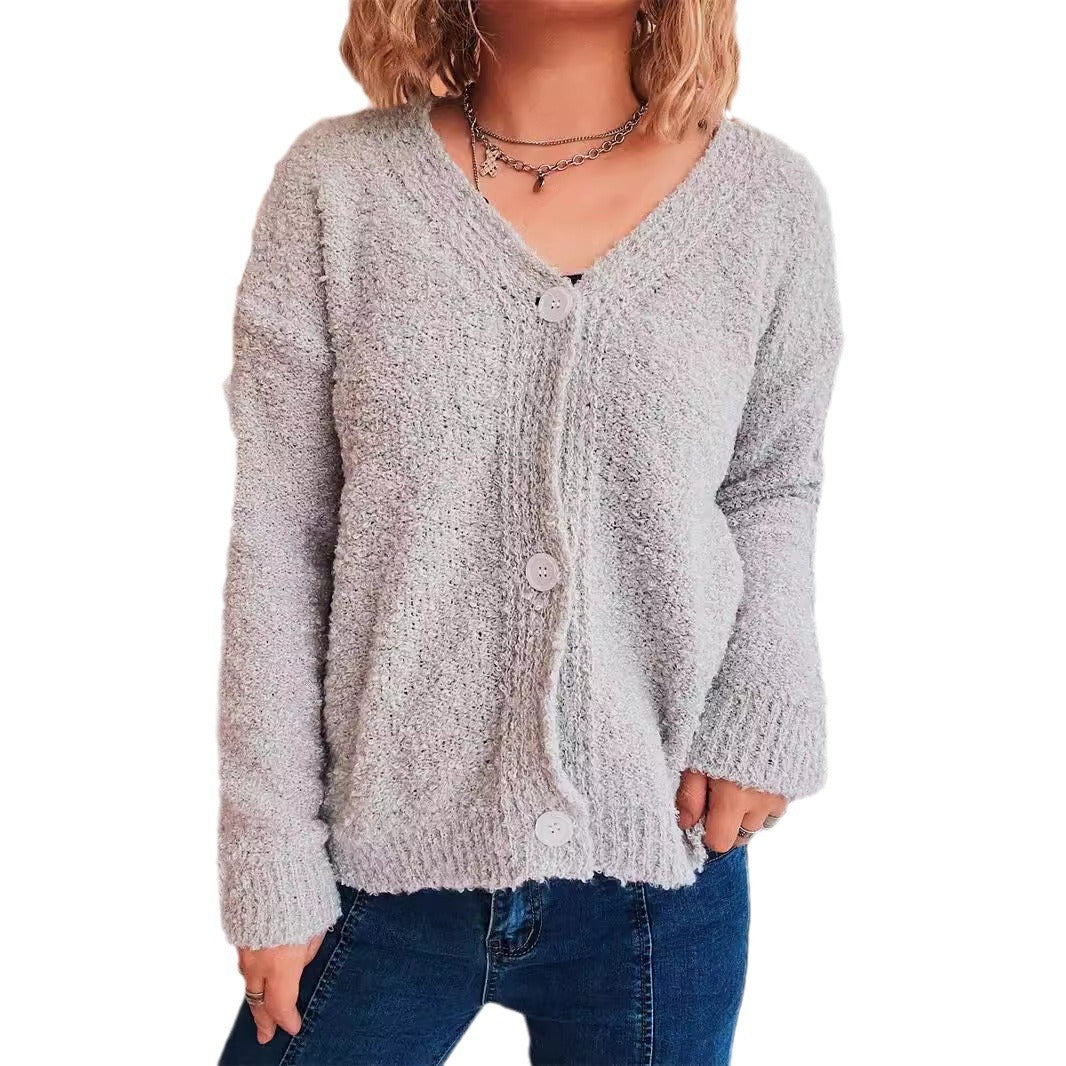 Women's Solid Color V-Neck Single-Breasted Long Sleeve Seersucker Knitted Cardigan Coat