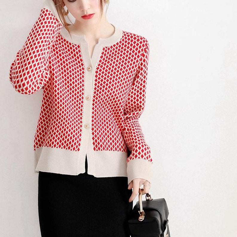 Women's Commuter Loose-Fit Small Plaid Knitted Cardigan Coat