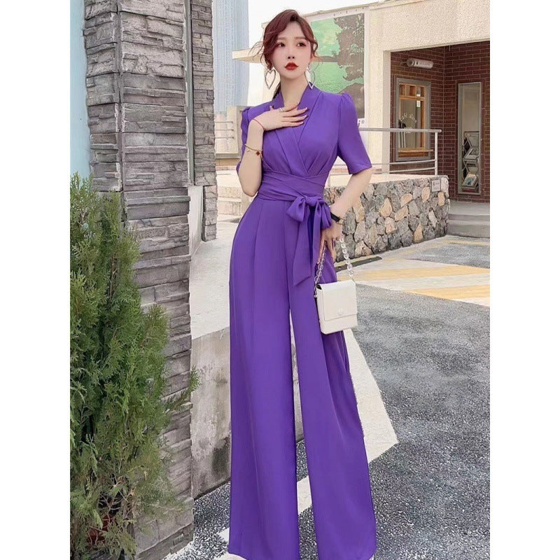 Elegant High-Waist Lace-Up Wide-Leg Jumpsuit, Slimming and Chic in Solid Color