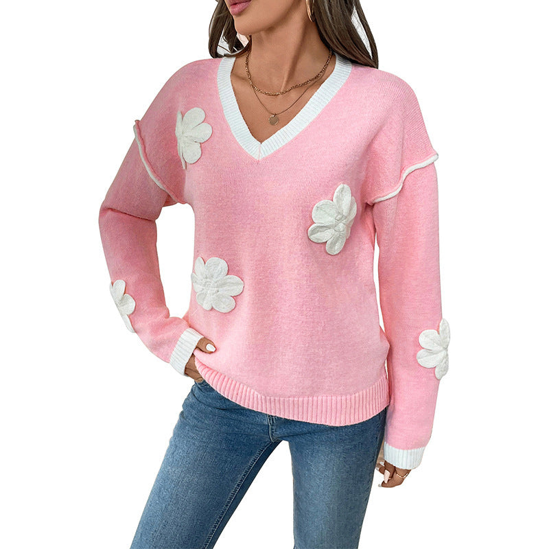 Women's Long-Sleeved V-Neck Sweater for Valentine's Day Fashion