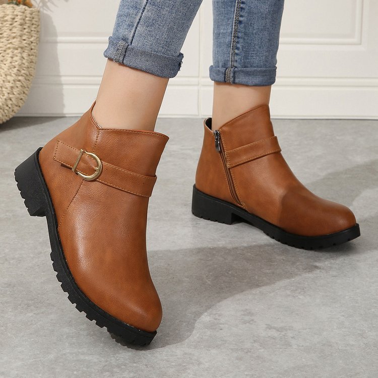 Short Leather Boots with Belt Buckle, Zipper, and Chunky Heel