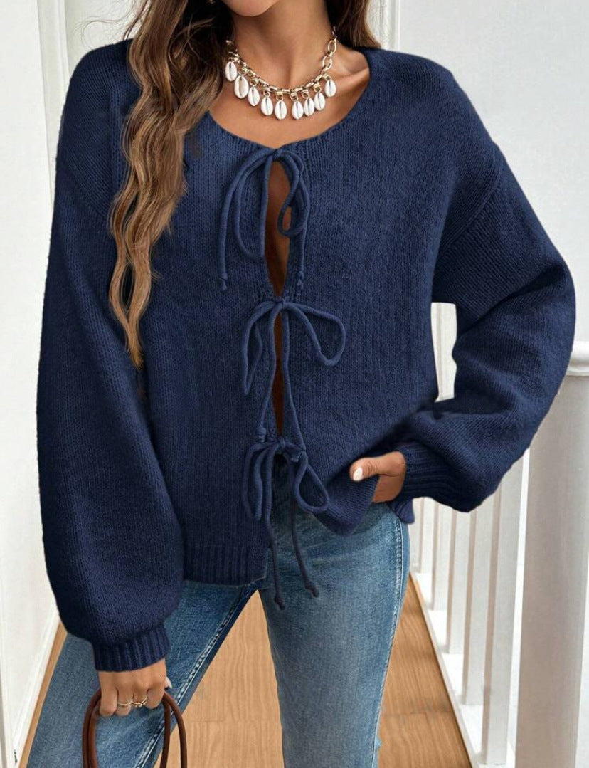 Women's Casual Loose Lace-Up Cardigan – Solid Color Sweater