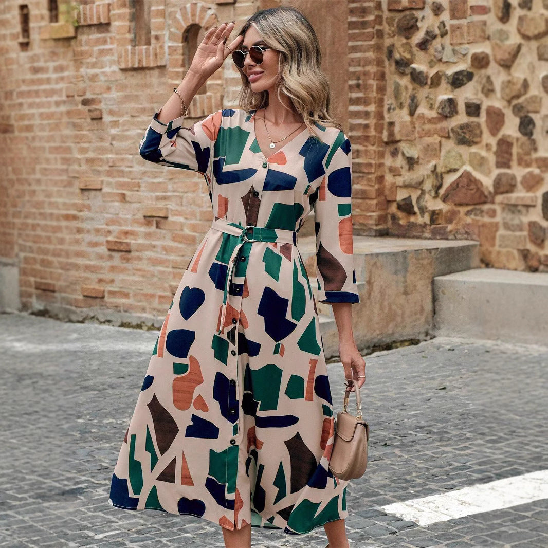 Women's V-Neck Printed Dress with Belt