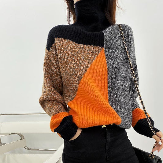 Retro Patchwork Contrast Color Turtleneck Sweater for Women