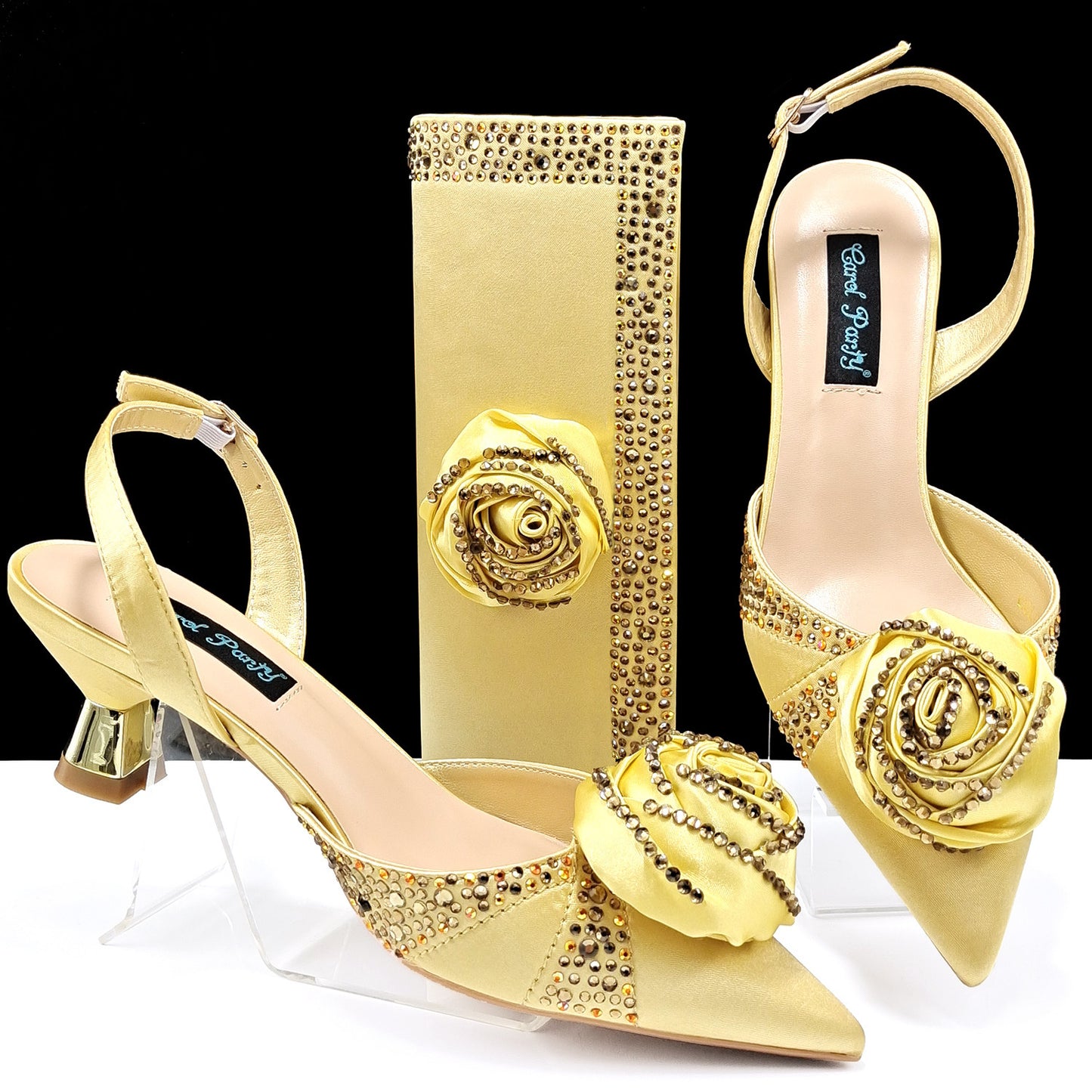 Women's Handmade Flower-Decorated Shoes and Bag Set – High-Temperature Rhinestone Satin High Heels