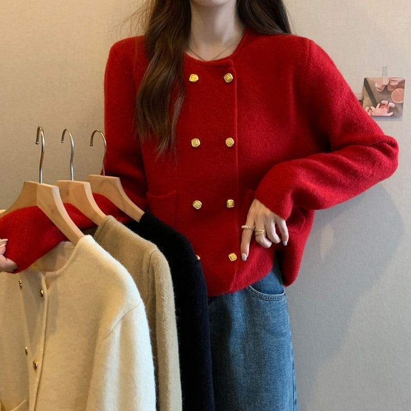 Solid Color Double-Breasted Round Neck Knitted Cardigan for Women