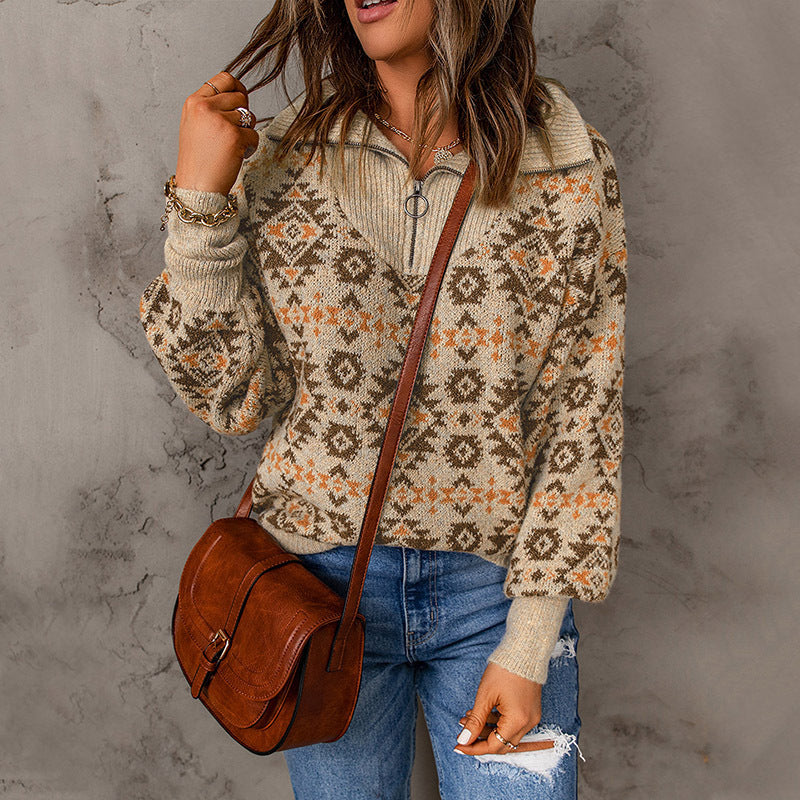 Printed Sweater with Zipped Stand Collar Loose-Fit Long Sleeve Top