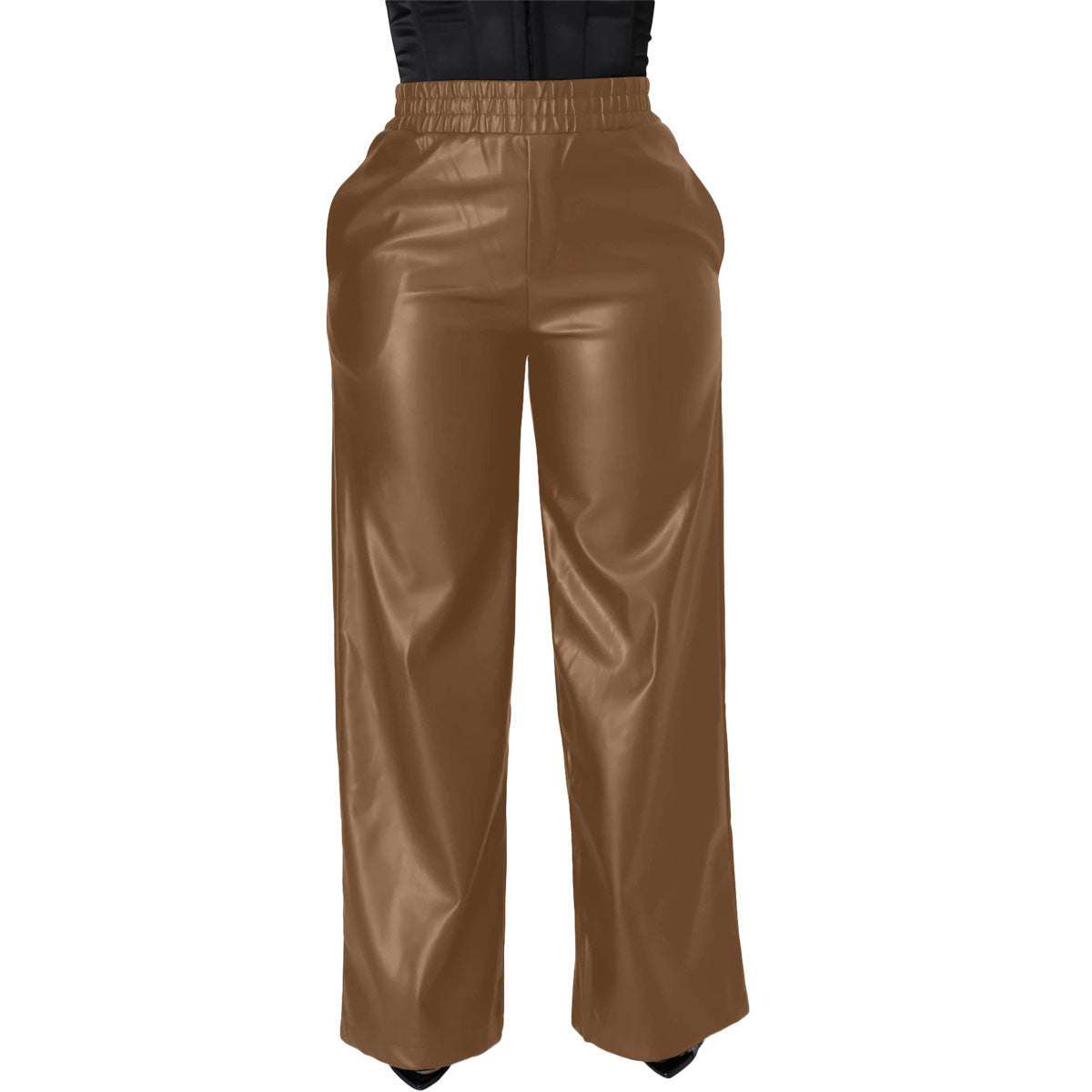 Solid Color PU Leather Wide-Leg Pants with Pockets, Loose Fit